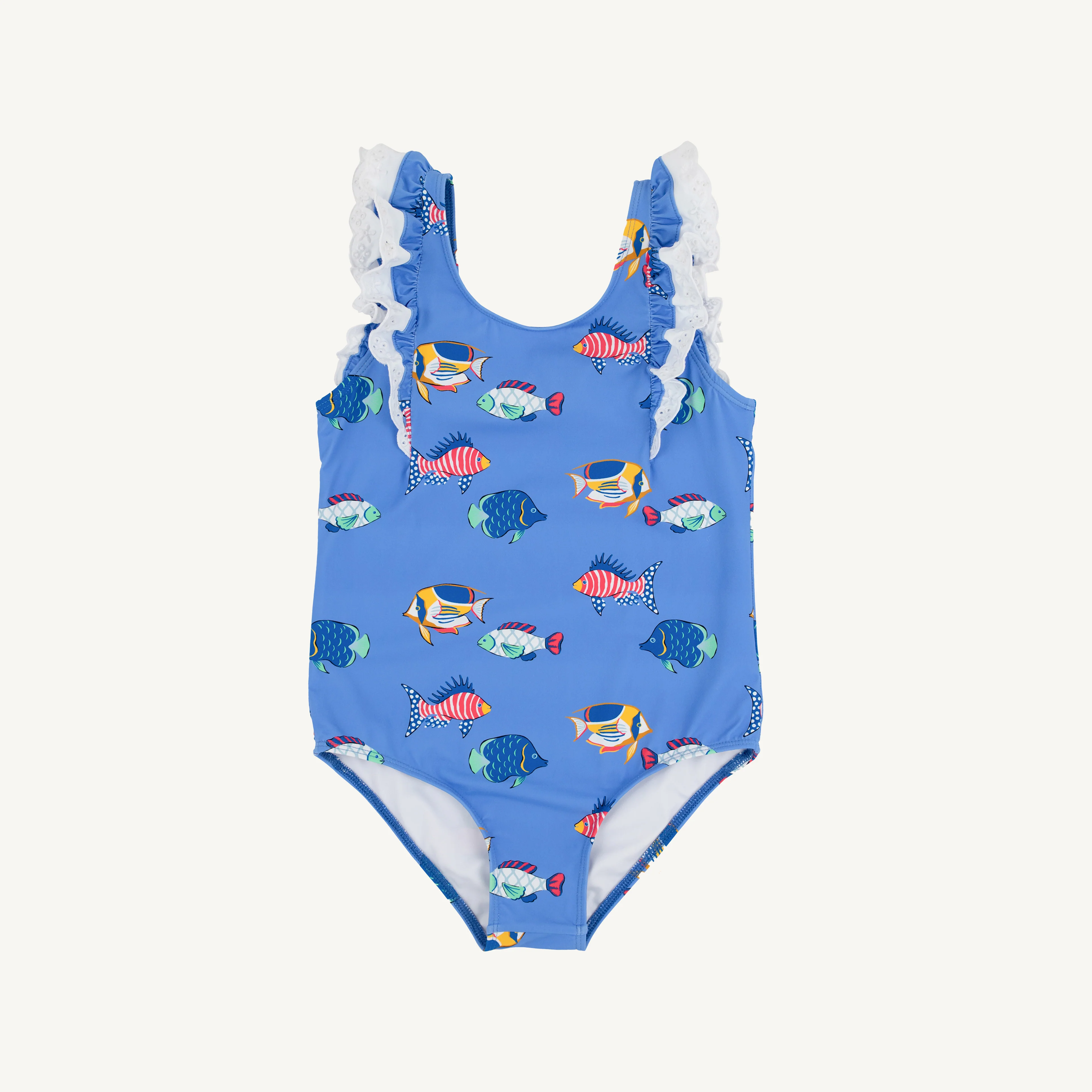 Here Fishy Fishy/Worth Ave White Ruehling Ruffle Bathing Suit