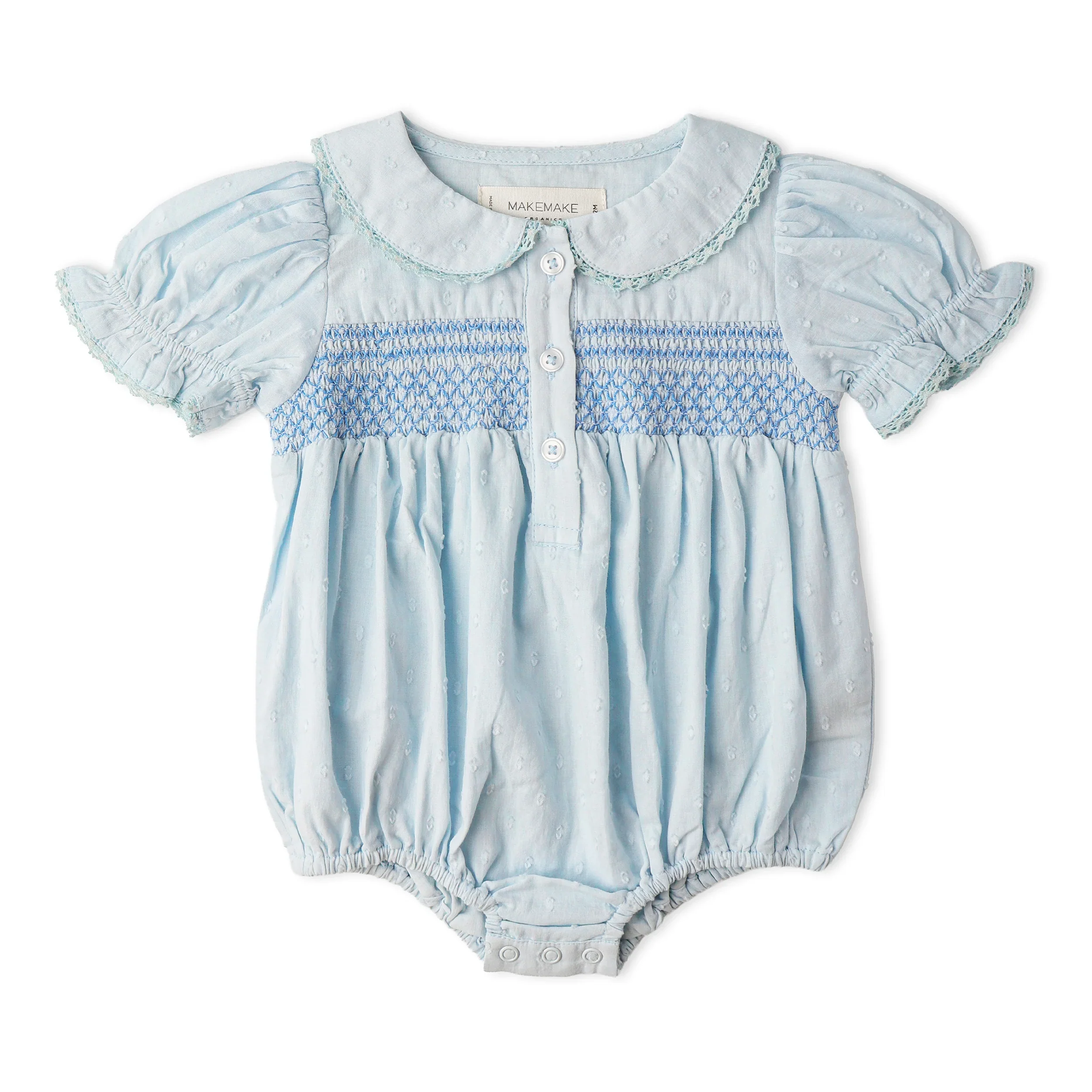Light Blue Organic Smocked Button Romper