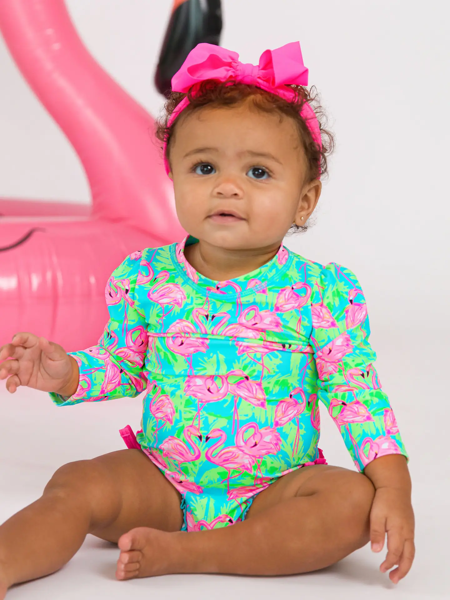 Neon Flamingo Fun Long Sleeve One Piece Rash Guard Swimsuit - Image 3