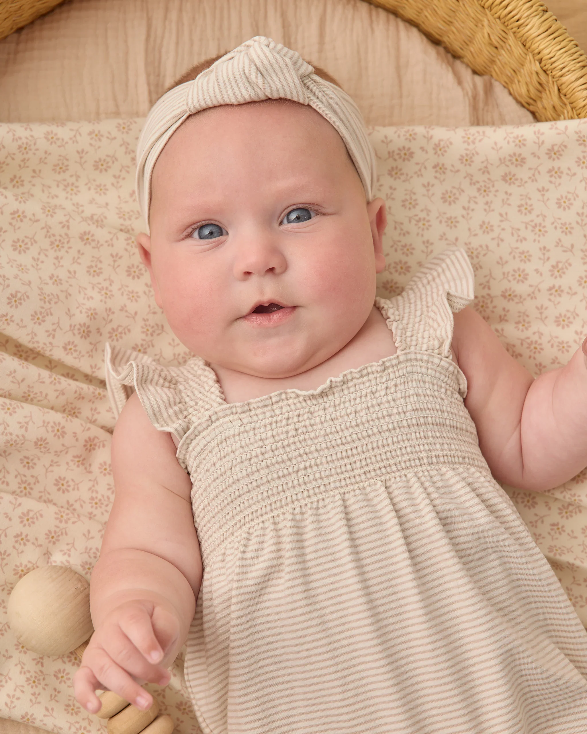 Oat Micro Stripe Smocked Ruffle Sleeve Romper - Image 2