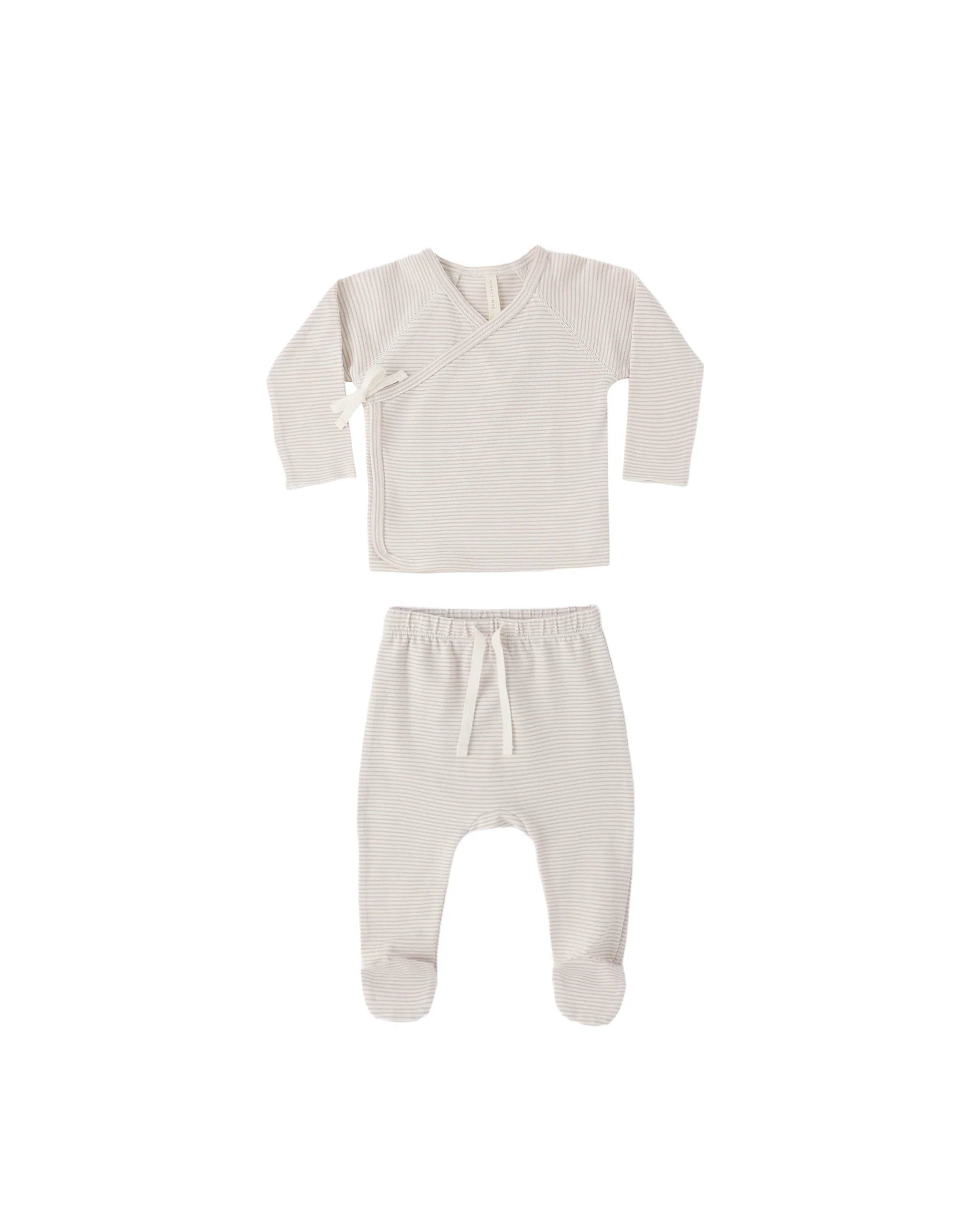 Oat Micro Stripe Wrap Top + Footed Pant Set