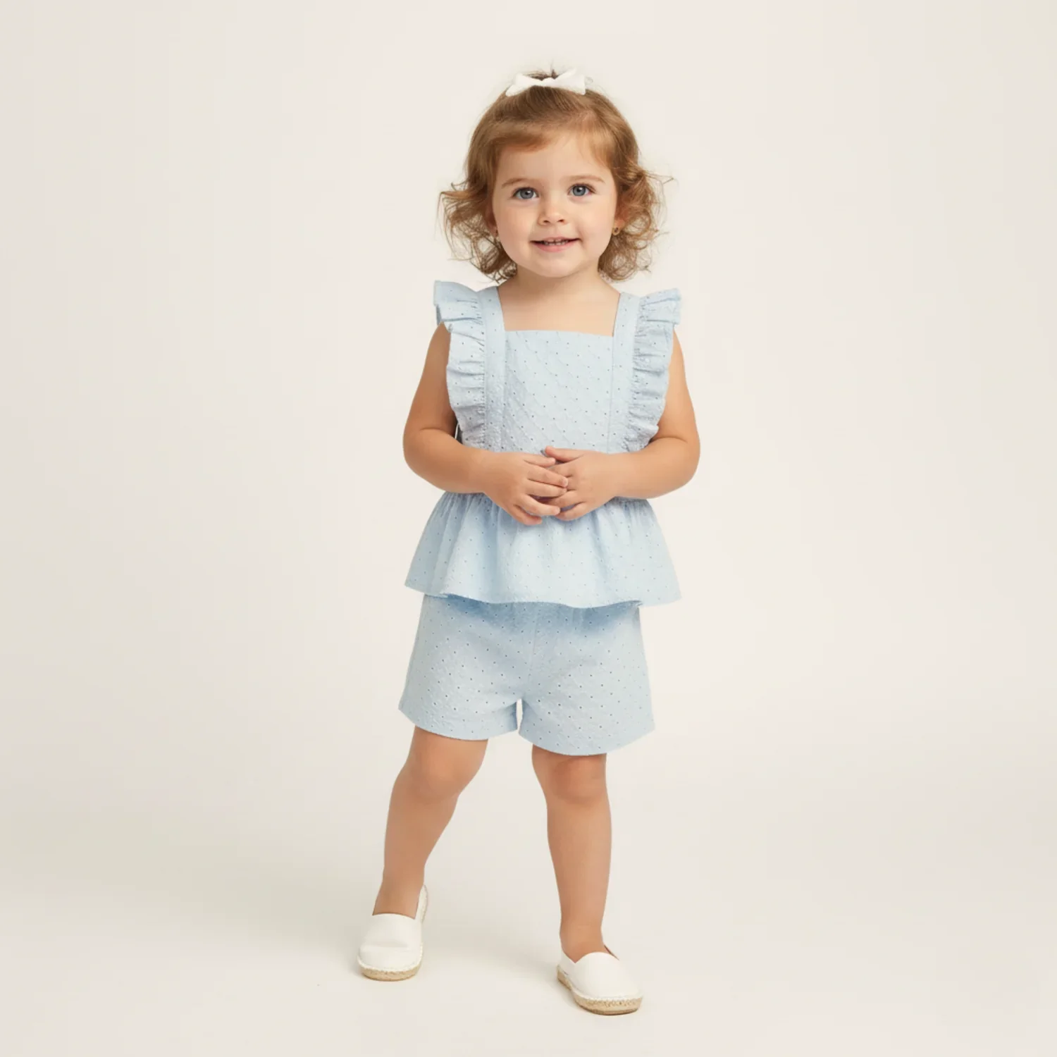 Organic Eyelet Flutter Top And Shorts Set - Light Blue Eyelet - Image 2